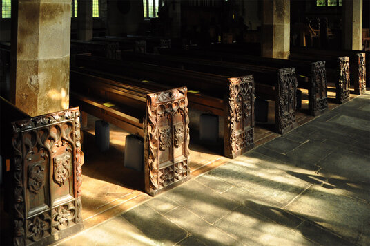 Carved bench ends in Lanteglos Church