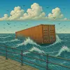 A shipping container floating beside a pier